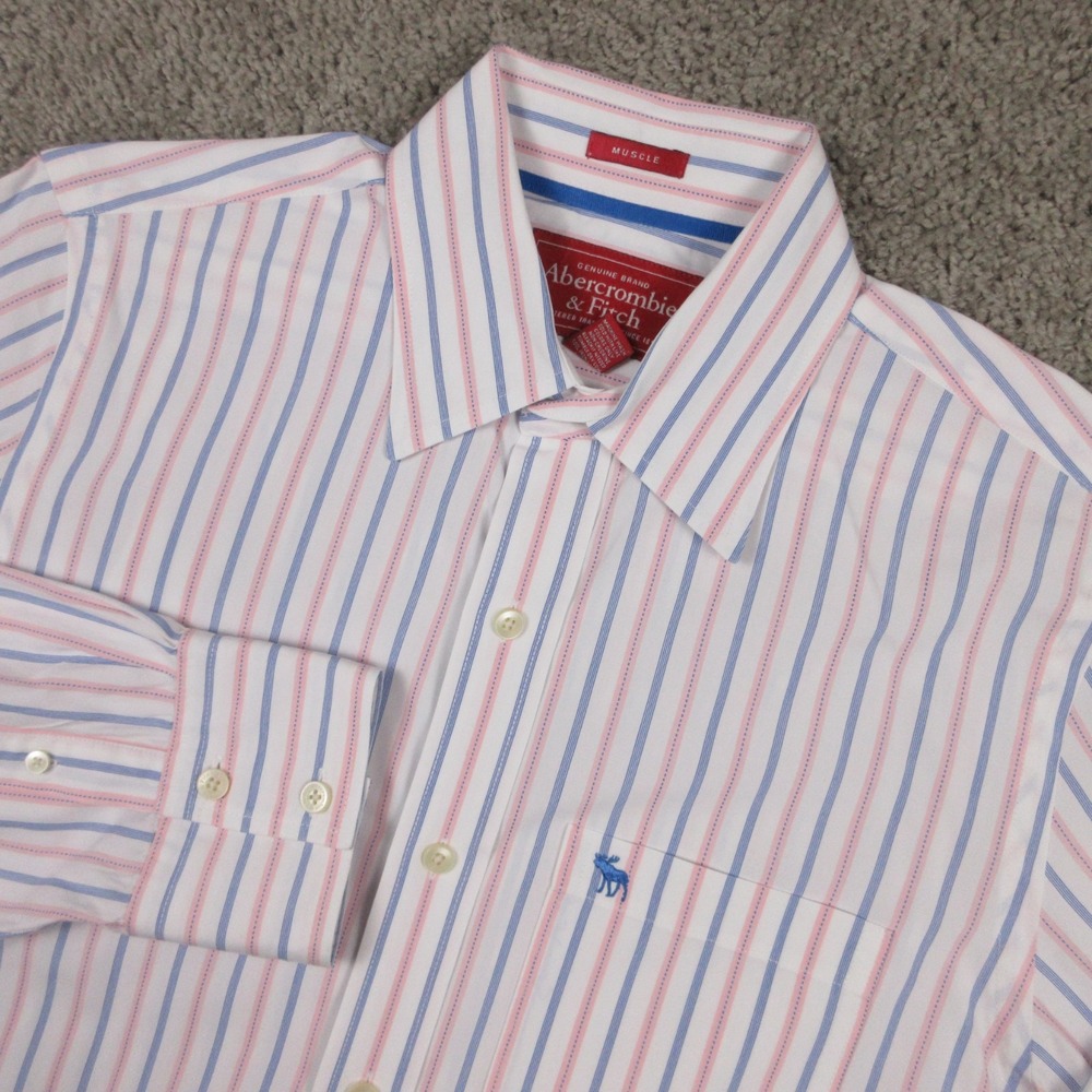 Abercrombie & Fitch Shirt Mens XL White Blue Pink Striped Muscle Moose Button Up